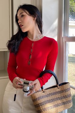 Hollowed-Out Long Sleeve T-Shirt - French Slim Fit Red Sexy Tight Top with Chest Pad - Y2K Style Fashion