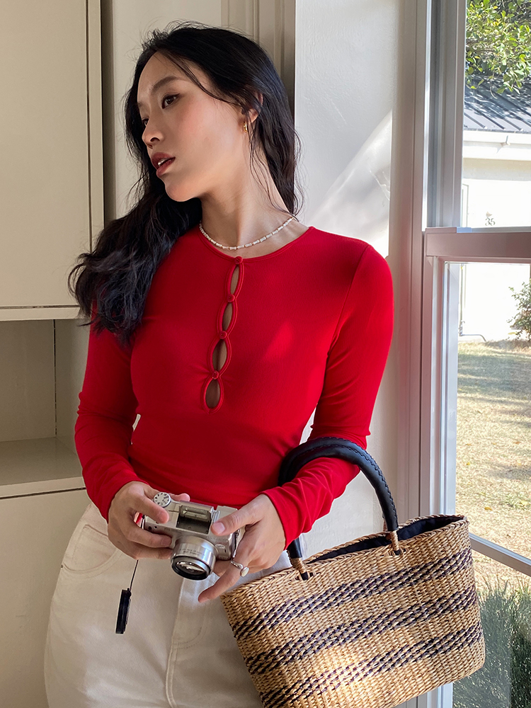 Hollowed-Out Long Sleeve T-Shirt - French Slim Fit Red Sexy Tight Top with Chest Pad - Y2K Style Fashion Hollowed-Out Long Sleeve T-Shirt - French Slim Fit Red Sexy Tight Top with Chest Pad - Y2K Style Fashion