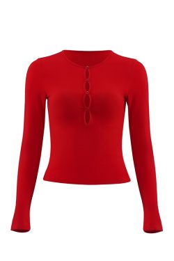 Hollowed-Out Long Sleeve T-Shirt - French Slim Fit Red Sexy Tight Top with Chest Pad - Y2K Style Fashion