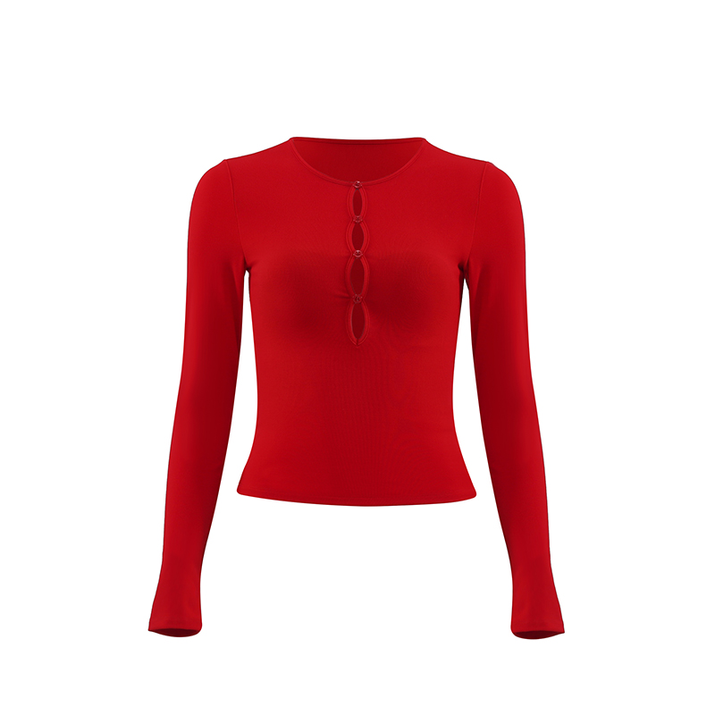 Hollowed-Out Long Sleeve T-Shirt - French Slim Fit Red Sexy Tight Top with Chest Pad - Y2K Style Fashion Hollowed-Out Long Sleeve T-Shirt - French Slim Fit Red Sexy Tight Top with Chest Pad - Y2K Style Fashion