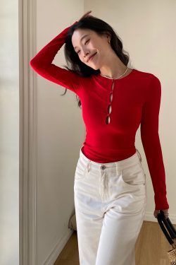 Hollowed-Out Long Sleeve T-Shirt - French Slim Fit Red Sexy Tight Top with Chest Pad - Y2K Style Fashion