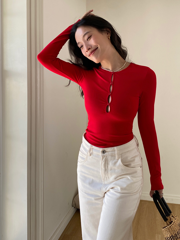 Hollowed-Out Long Sleeve T-Shirt - French Slim Fit Red Sexy Tight Top with Chest Pad - Y2K Style Fashion Hollowed-Out Long Sleeve T-Shirt - French Slim Fit Red Sexy Tight Top with Chest Pad - Y2K Style Fashion