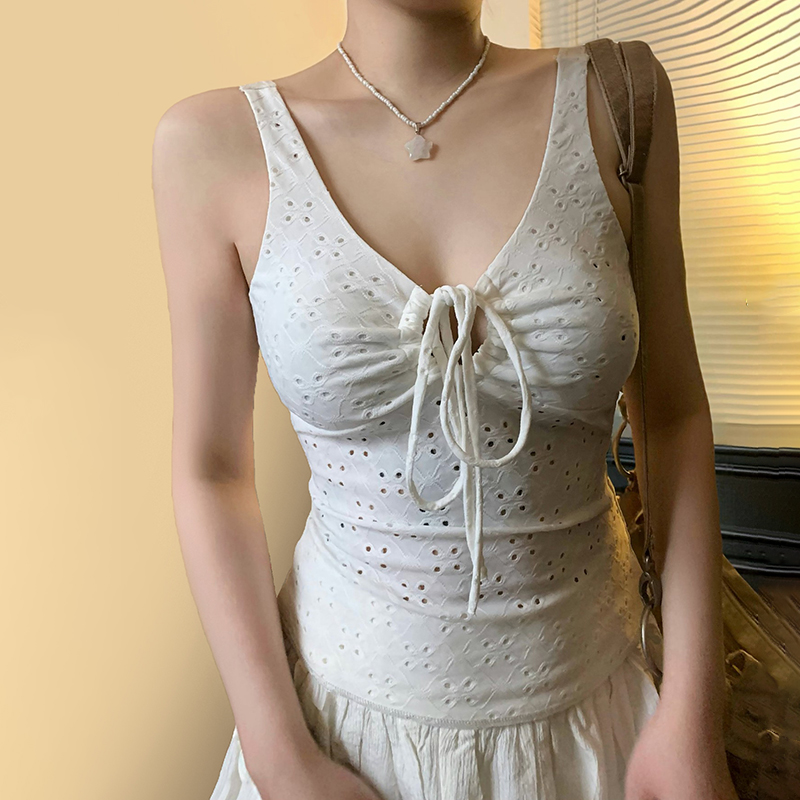 Hot Girl Solid Color Strap Hollow Textured Camisole - Versatile Slim Fit Waist-Defining Top for Y2K and Korean Style Fashion Hot Girl Solid Color Strap Hollow Textured Camisole - Versatile Slim Fit Waist-Defining Top for Y2K and Korean Style Fashion