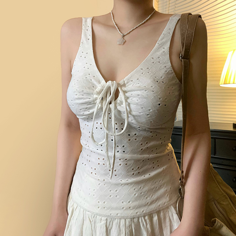 Hot Girl Solid Color Strap Hollow Textured Camisole - Versatile Slim Fit Waist-Defining Top for Y2K and Korean Style Fashion Hot Girl Solid Color Strap Hollow Textured Camisole - Versatile Slim Fit Waist-Defining Top for Y2K and Korean Style Fashion