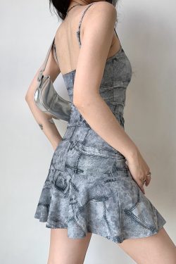 Imitation Denim Printed Dress with Straps, Ruffled Short Skirt, European American Style, Trendy Casual Fashion