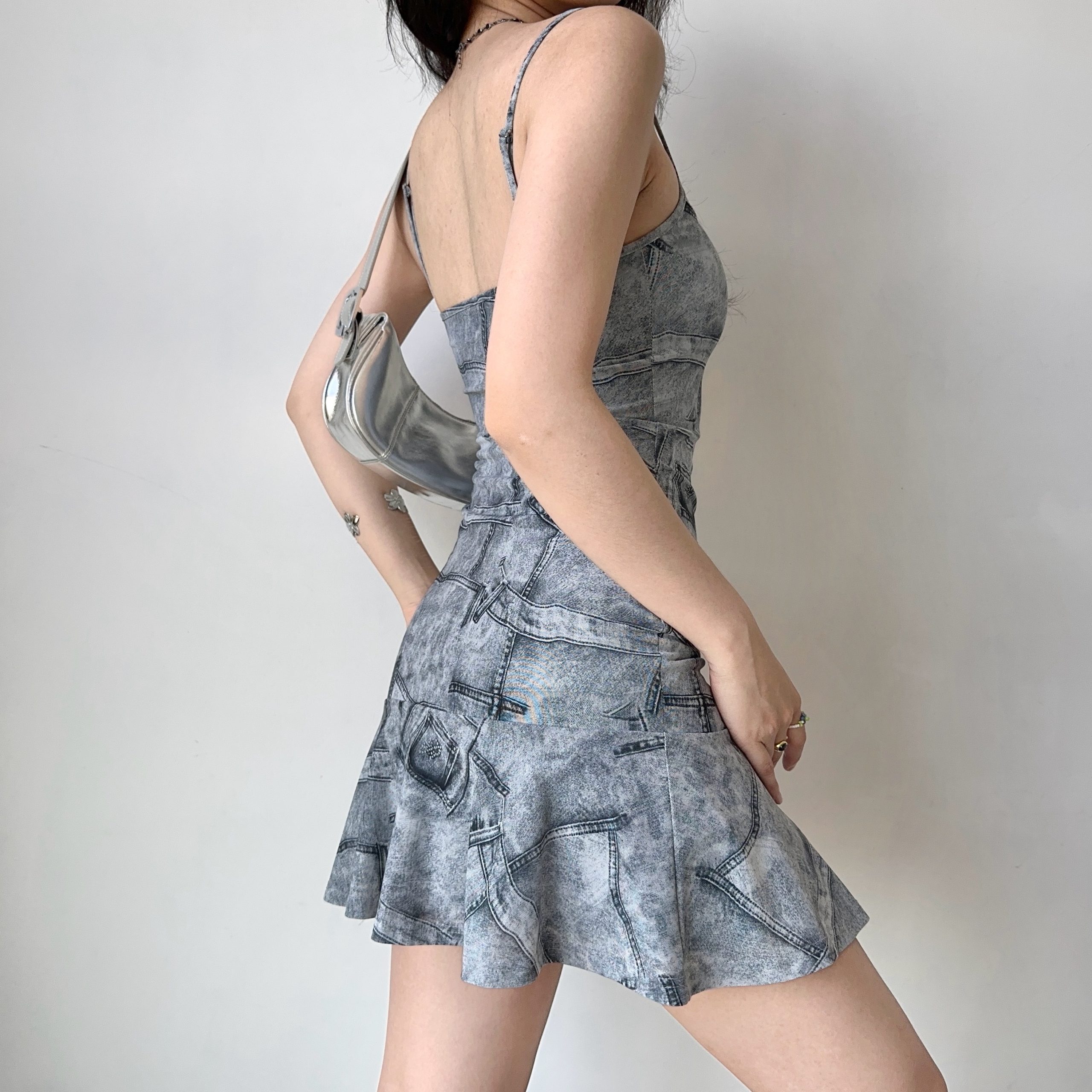Imitation Denim Printed Dress with Straps, Ruffled Short Skirt, European American Style, Trendy Casual Fashion Imitation Denim Printed Dress with Straps, Ruffled Short Skirt, European American Style, Trendy Casual Fashion