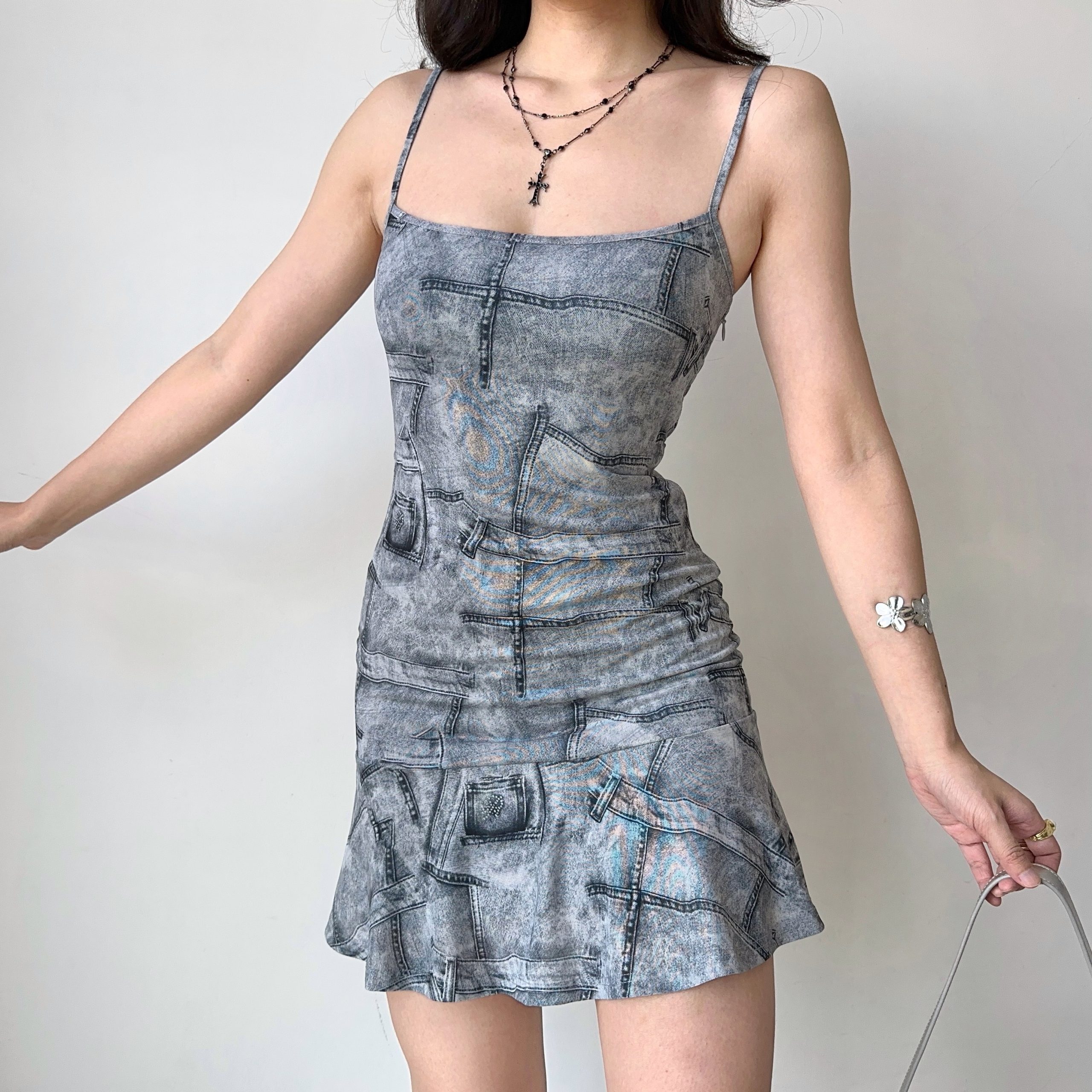Imitation Denim Printed Dress with Straps, Ruffled Short Skirt, European American Style, Trendy Casual Fashion Imitation Denim Printed Dress with Straps, Ruffled Short Skirt, European American Style, Trendy Casual Fashion