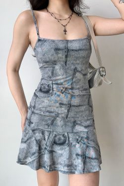 Imitation Denim Printed Dress with Straps, Ruffled Short Skirt, European American Style, Trendy Casual Fashion