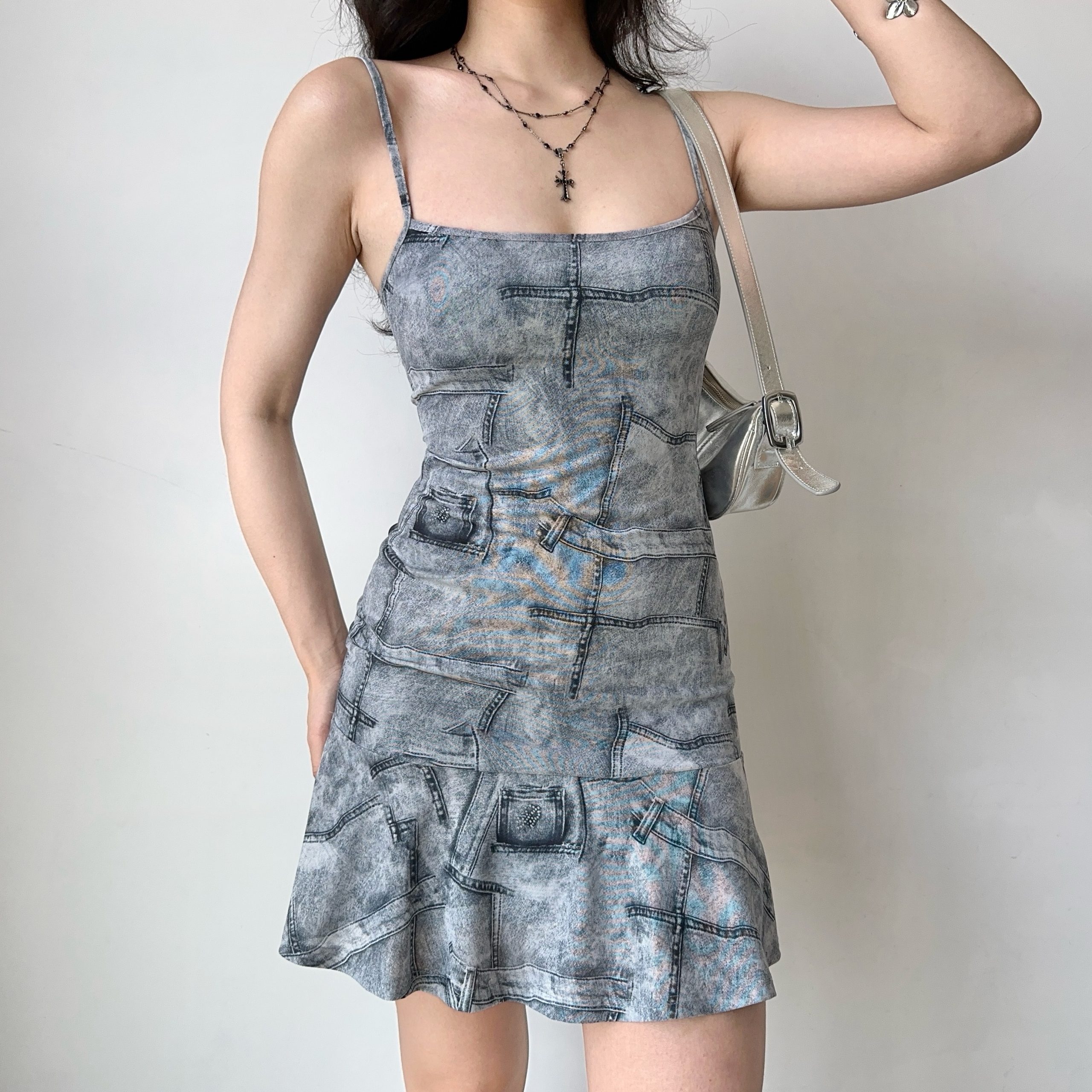 Imitation Denim Printed Dress with Straps, Ruffled Short Skirt, European American Style, Trendy Casual Fashion Imitation Denim Printed Dress with Straps, Ruffled Short Skirt, European American Style, Trendy Casual Fashion