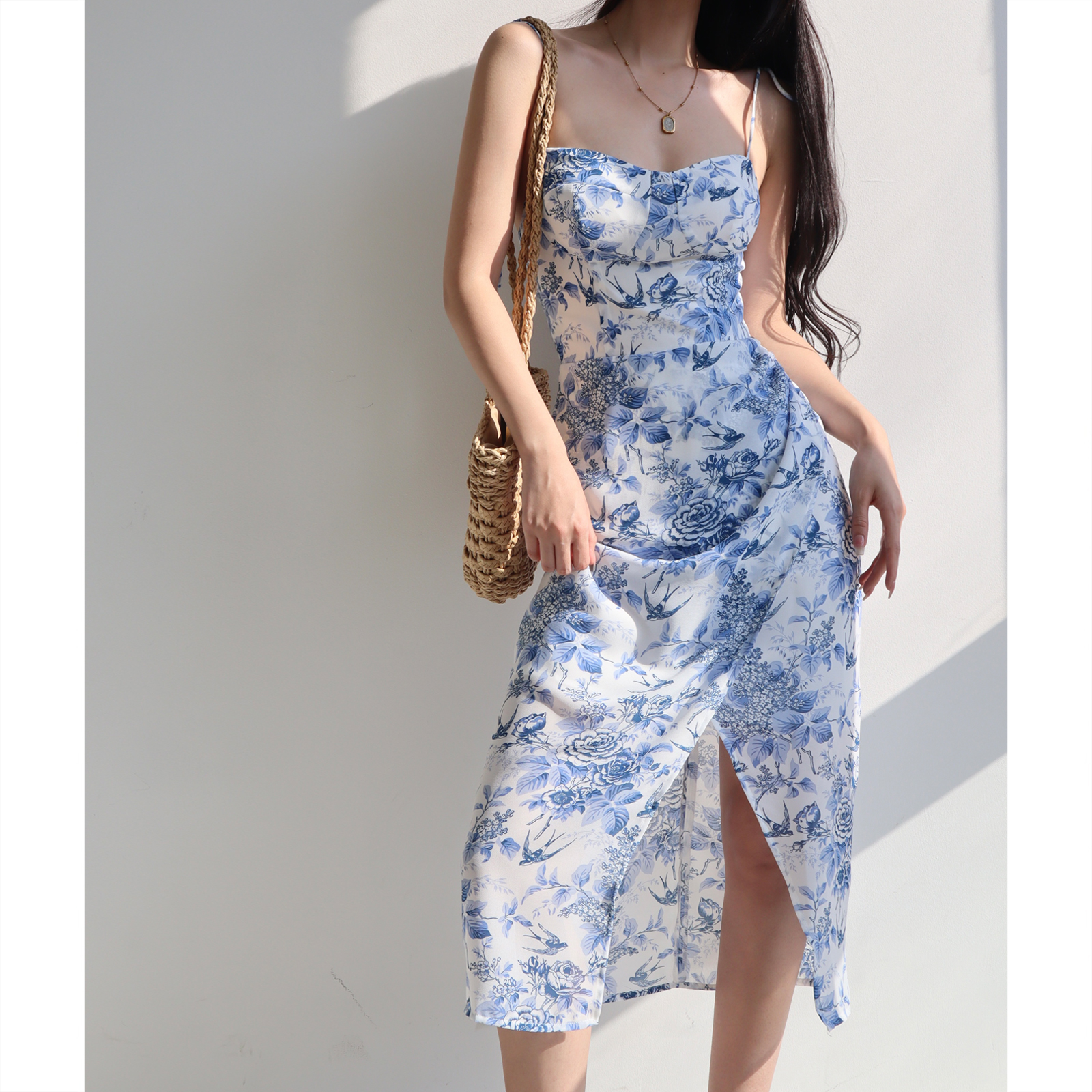 Ink Blue High-Waisted Camisole Dress - Vintage French Style, Slimming Side-Slit, Sexy Vacation Long Dress Ink Blue High-Waisted Camisole Dress - Vintage French Style, Slimming Side-Slit, Sexy Vacation Long Dress