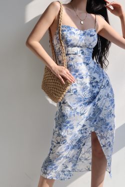 Ink Blue High-Waisted Camisole Dress - Vintage French Style, Slimming Side-Slit, Sexy Vacation Long Dress