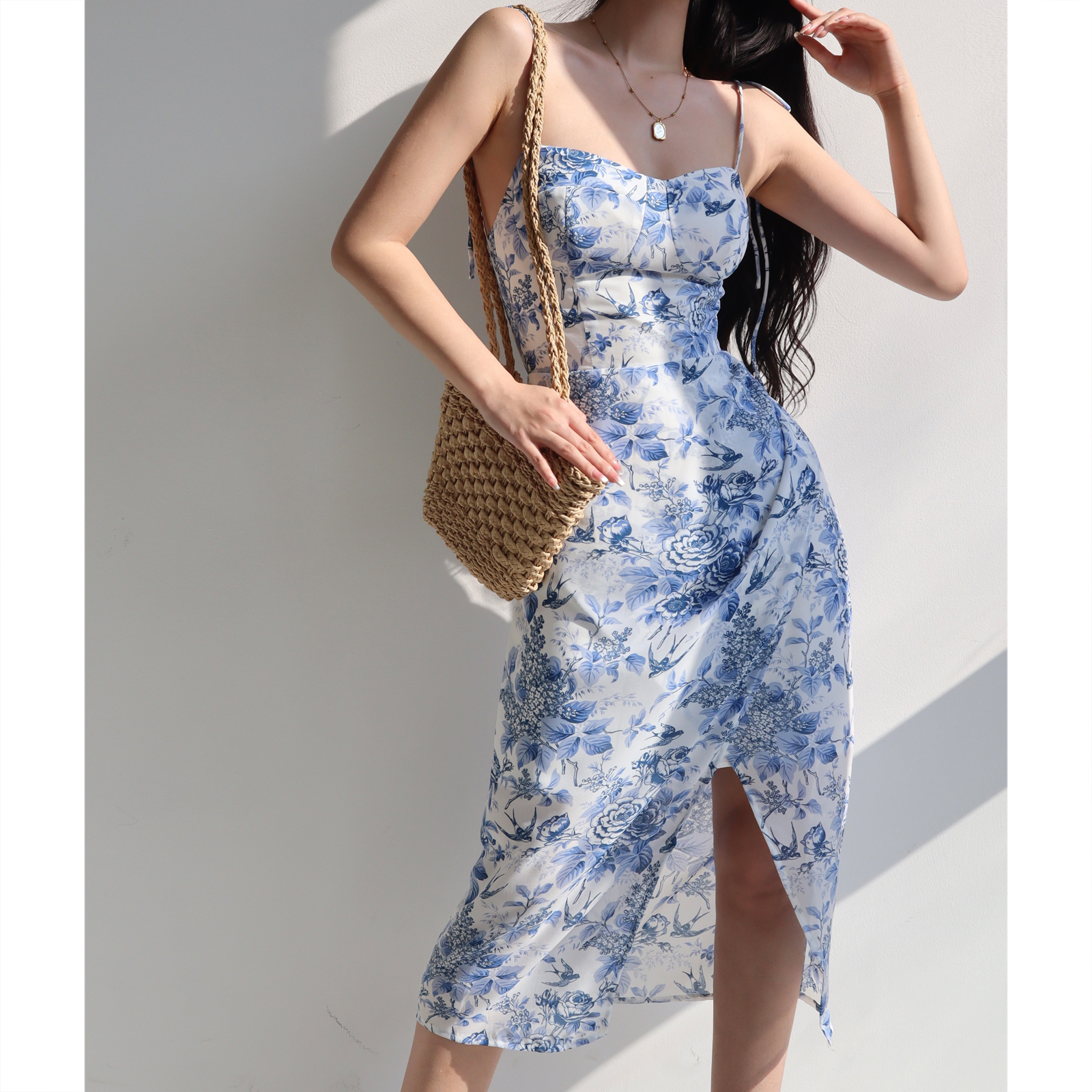 Ink Blue High-Waisted Camisole Dress - Vintage French Style, Slimming Side-Slit, Sexy Vacation Long Dress Ink Blue High-Waisted Camisole Dress - Vintage French Style, Slimming Side-Slit, Sexy Vacation Long Dress