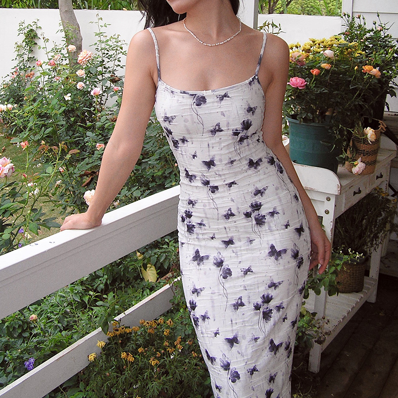 Ink Wash Butterfly Print Backless Bodycon Camisole Dress - Slim Sexy Fitted Style for 90s Y2K Fashion Lovers Ink Wash Butterfly Print Backless Bodycon Camisole Dress - Slim Sexy Fitted Style for 90s Y2K Fashion Lovers