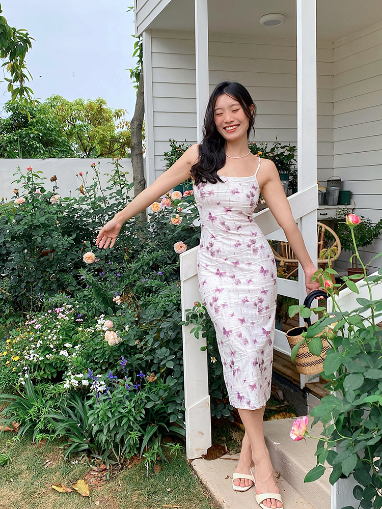 Ink Wash Butterfly Print Backless Bodycon Camisole Dress - Slim Sexy Fitted Style for 90s Y2K Fashion Lovers Ink Wash Butterfly Print Backless Bodycon Camisole Dress - Slim Sexy Fitted Style for 90s Y2K Fashion Lovers