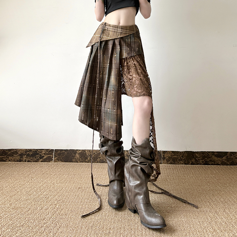 Intricate Spliced Design Half Skirt for Women - Irregular Checkered Pleated Skirt, Chic Wasteland Style Intricate Spliced Design Half Skirt for Women - Irregular Checkered Pleated Skirt, Chic Wasteland Style