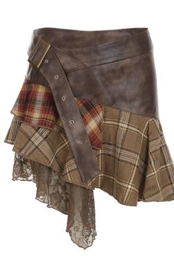 Irregular Plaid Lace Spliced Leather Short Skirt - Vintage Versatile Slim-Fit Midi Skirt for Y2K and Wasteland Academy Style