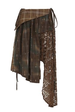 Irregular Plaid Lace Spliced Leather Short Skirt - Vintage Versatile Slim-Fit Midi Skirt for Y2K and Wasteland Academy Style