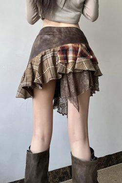 Irregular Plaid Lace Spliced Leather Short Skirt - Vintage Versatile Slim-Fit Midi Skirt for Y2K and Wasteland Academy Style