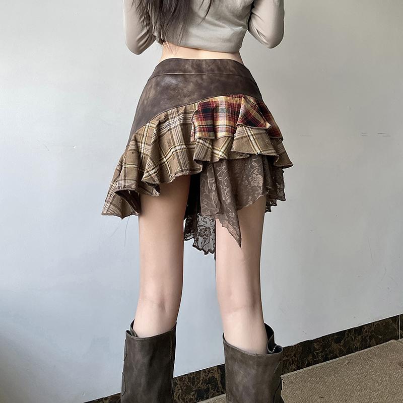 Irregular Plaid Lace Spliced Leather Short Skirt - Vintage Versatile Slim-Fit Midi Skirt for Y2K and Wasteland Academy Style Irregular Plaid Lace Spliced Leather Short Skirt - Vintage Versatile Slim-Fit Midi Skirt for Y2K and Wasteland Academy Style