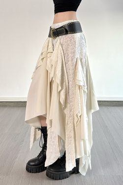 Irregular Vintage Holiday Style Lace Splicing A-Line Half Skirt - Slimming Versatile Long Skirt for Effortless Chic Looks