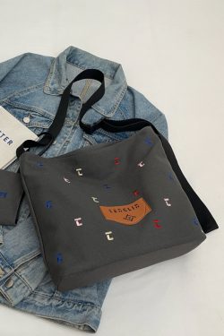 Japanese Harajuku Canvas Bag for Women - 2025 Letter Embroidery, Single Shoulder Crossbody, Lazy Style Commuting Tote