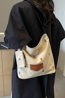 Japanese Harajuku Canvas Bag for Women - 2025 Letter Embroidery, Single Shoulder Crossbody, Lazy Style Commuting Tote