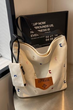 Japanese Harajuku Canvas Bag for Women - 2025 Letter Embroidery, Single Shoulder Crossbody, Lazy Style Commuting Tote