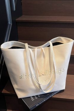 Japanese Harajuku Canvas Tote Bag for Women - 2025 Embroidered Letter Design, Large Capacity, Stylish Commuting & Shopping Bag