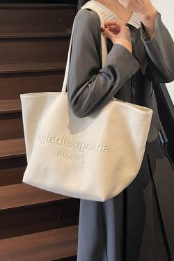 Japanese Harajuku Canvas Tote Bag for Women - 2025 Embroidered Letter Design, Large Capacity, Stylish Commuting & Shopping Bag