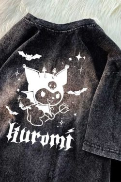 Japanese Kuromi Print Vintage Black Cotton Short Sleeve T-Shirt for Men, Loose Fit High Street Trendy Wear