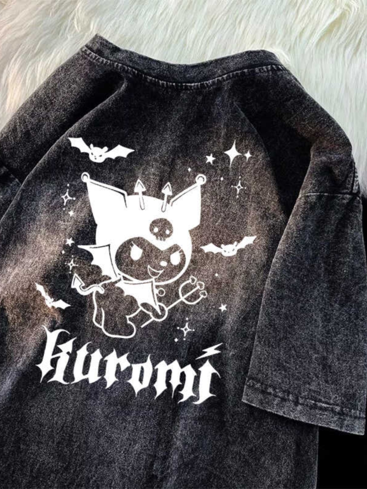 Japanese Kuromi Print Vintage Black Cotton Short Sleeve T-Shirt for Men, Loose Fit High Street Trendy Wear Japanese Kuromi Print Vintage Black Cotton Short Sleeve T-Shirt for Men, Loose Fit High Street Trendy Wear