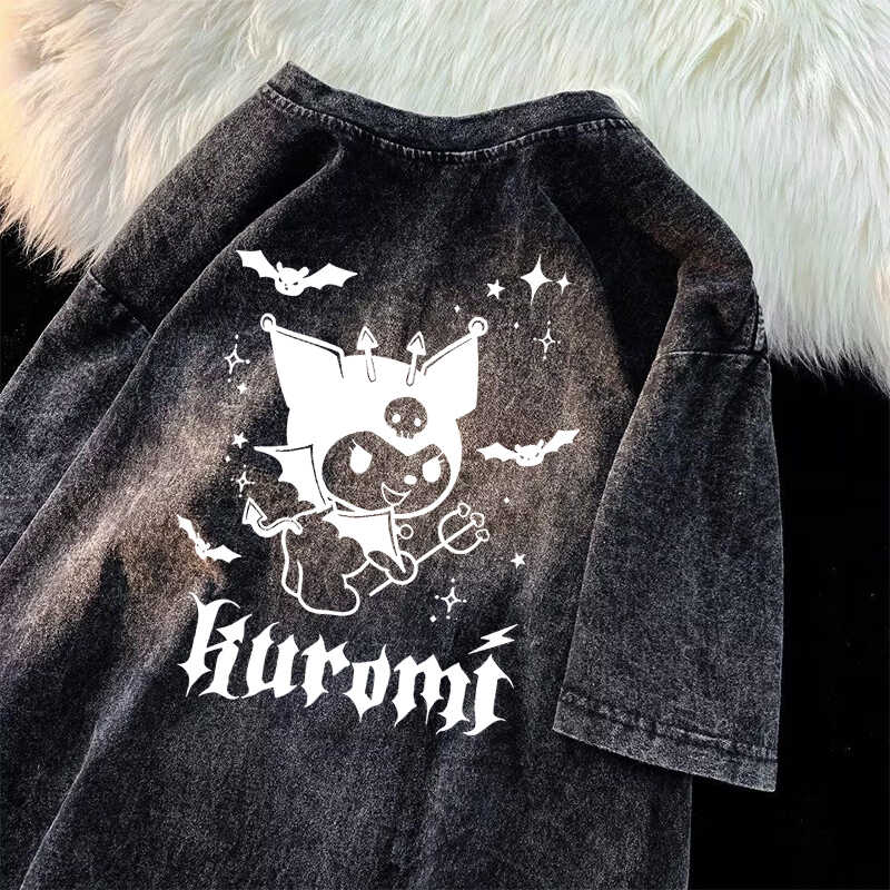 Japanese Kuromi Print Vintage Black Cotton Short Sleeve T-Shirt for Men, Loose Fit High Street Trendy Wear Japanese Kuromi Print Vintage Black Cotton Short Sleeve T-Shirt for Men, Loose Fit High Street Trendy Wear