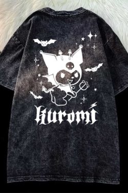 Japanese Kuromi Print Vintage Black Cotton Short Sleeve T-Shirt for Men, Loose Fit High Street Trendy Wear