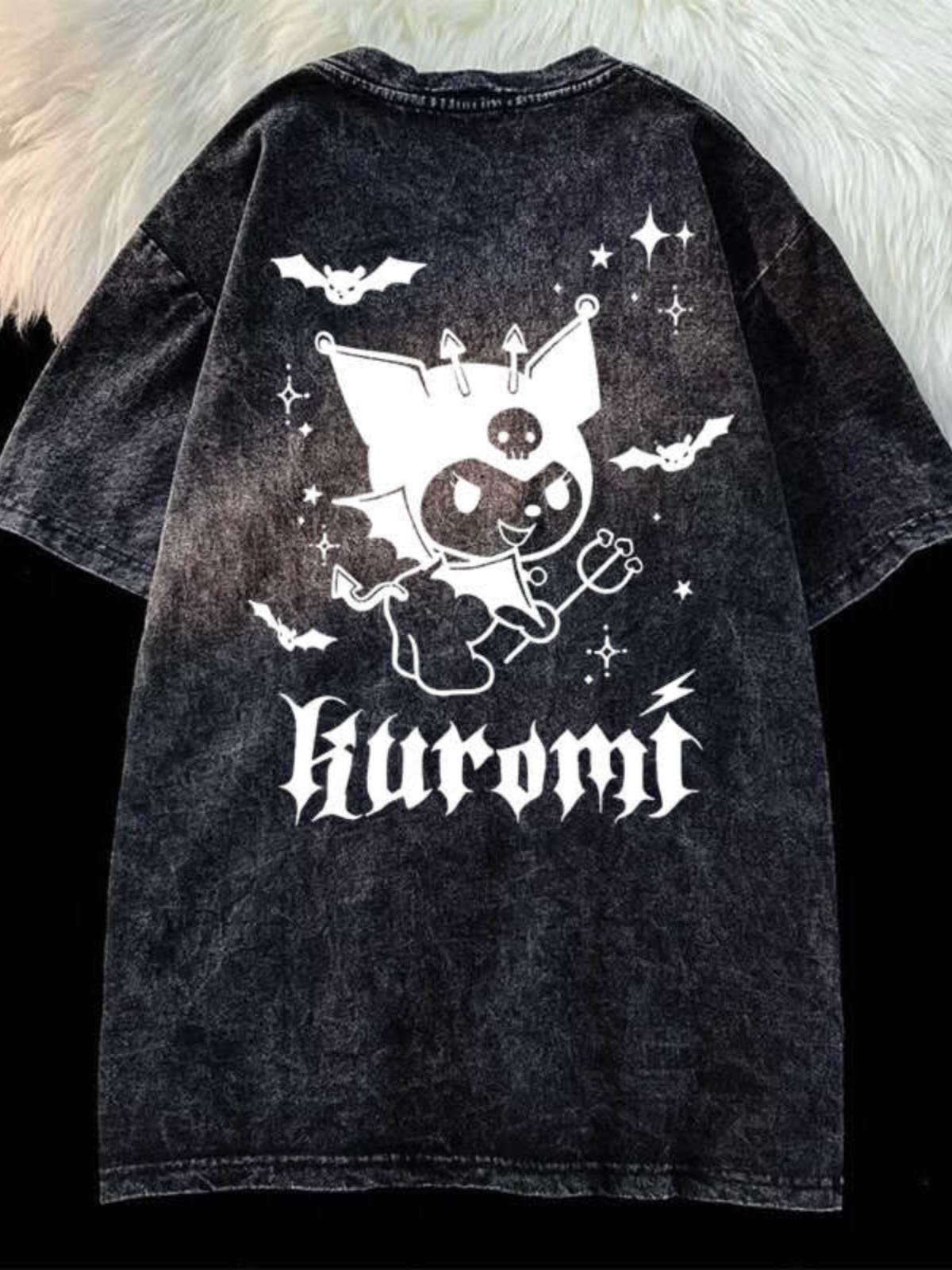 Japanese Kuromi Print Vintage Black Cotton Short Sleeve T-Shirt for Men, Loose Fit High Street Trendy Wear Japanese Kuromi Print Vintage Black Cotton Short Sleeve T-Shirt for Men, Loose Fit High Street Trendy Wear