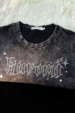 Japanese Kuromi Print Vintage Black Cotton Short Sleeve T-Shirt for Men, Loose Fit High Street Trendy Wear