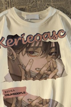 Japanese Retro Cartoon Anime Short Sleeve T-Shirt for Men and Women, Plus Size, Loose Fit, Pure Cotton, Y2K Couple Style