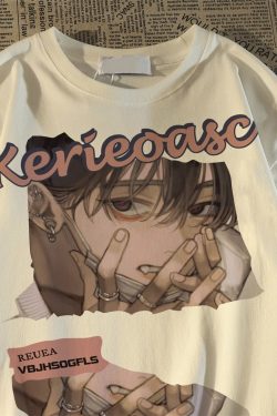 Japanese Retro Cartoon Anime Short Sleeve T-Shirt for Men and Women, Plus Size, Loose Fit, Pure Cotton, Y2K Couple Style