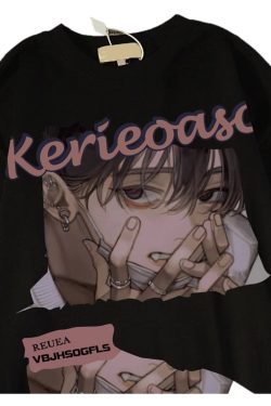 Japanese Retro Cartoon Anime Short Sleeve T-Shirt for Men and Women, Plus Size, Loose Fit, Pure Cotton, Y2K Couple Style