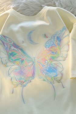 Japanese-Style Butterfly Print Cotton Short Sleeve T-Shirt for Men and Women, Plus Size Loose Summer Couple Top