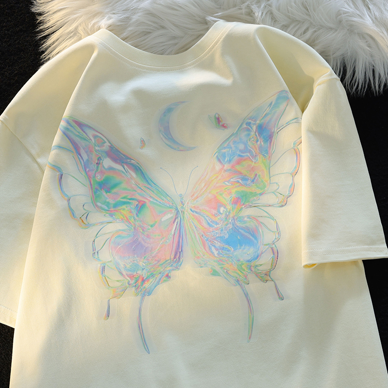 Japanese-Style Butterfly Print Cotton Short Sleeve T-Shirt for Men and Women, Plus Size Loose Summer Couple Top Japanese-Style Butterfly Print Cotton Short Sleeve T-Shirt for Men and Women, Plus Size Loose Summer Couple Top