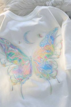 Japanese-Style Butterfly Print Cotton Short Sleeve T-Shirt for Men and Women, Plus Size Loose Summer Couple Top