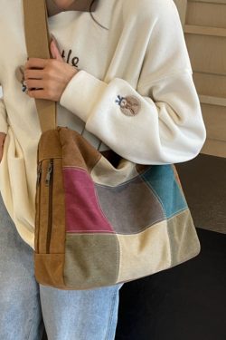 Japanese-Style Color-Blocking Retro Canvas Bag - Large Capacity Women's Shoulder Crossbody Bag for Students, 2025 Trend