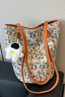 Japanese-Style Floral Canvas Bucket Bag for Women - 2025 Versatile Large Capacity Shoulder Tote for Commuting