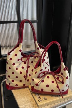Japanese-Style Minimalist Polka Dot Bucket Bag for Women – Large Capacity Tote with Bow, 2025 Trendy Design