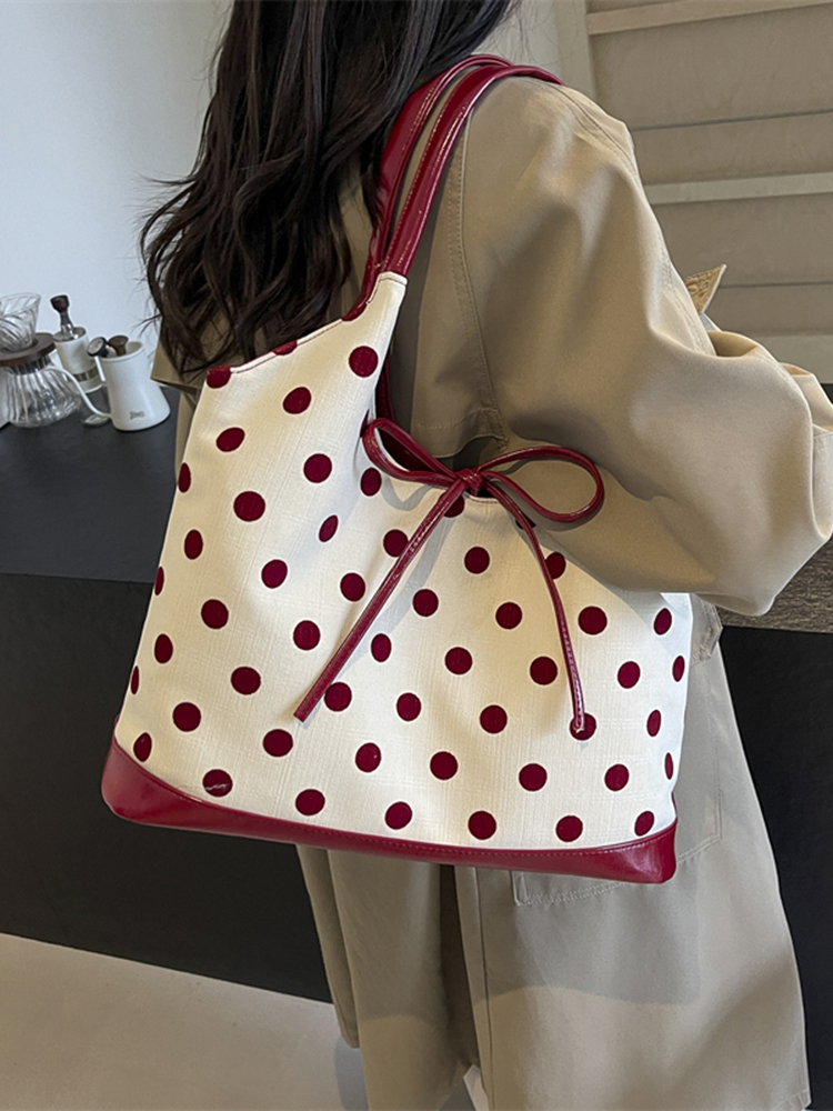 Japanese-Style Minimalist Polka Dot Bucket Bag for Women – Large Capacity Tote with Bow, 2025 Trendy Design Japanese-Style Minimalist Polka Dot Bucket Bag for Women – Large Capacity Tote with Bow, 2025 Trendy Design