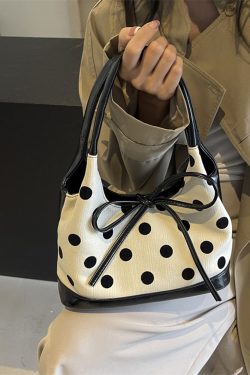 Japanese-Style Minimalist Polka Dot Bucket Bag for Women – Large Capacity Tote with Bow, 2025 Trendy Design