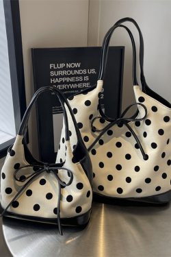 Japanese-Style Minimalist Polka Dot Bucket Bag for Women – Large Capacity Tote with Bow, 2025 Trendy Design
