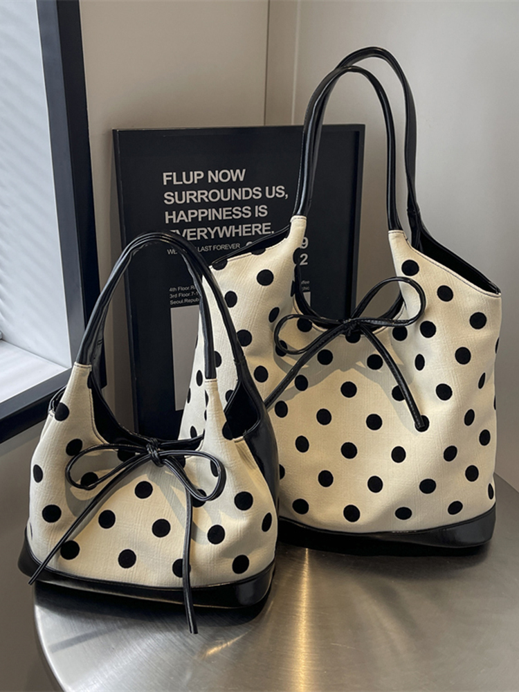Japanese-Style Minimalist Polka Dot Bucket Bag for Women – Large Capacity Tote with Bow, 2025 Trendy Design Japanese-Style Minimalist Polka Dot Bucket Bag for Women – Large Capacity Tote with Bow, 2025 Trendy Design