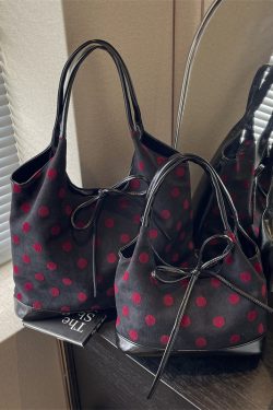 Japanese-Style Minimalist Polka Dot Bucket Bag for Women – Large Capacity Tote with Bow, 2025 Trendy Design