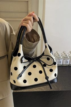 Japanese-Style Minimalist Polka Dot Bucket Bag for Women – Large Capacity Tote with Bow, 2025 Trendy Design